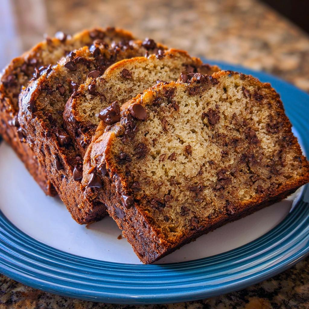 Three thick slices of moist Chocolate Chip Banana Bread Loaf, studded with melted chocolate chips, arranged on a blue-rimmed plate.