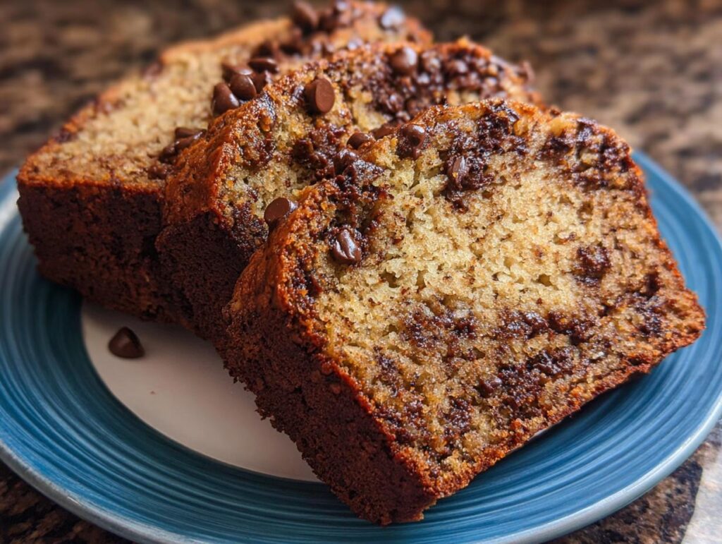 Three thick slices of moist Chocolate Chip Banana Bread Loaf stacked on a blue and white plate.