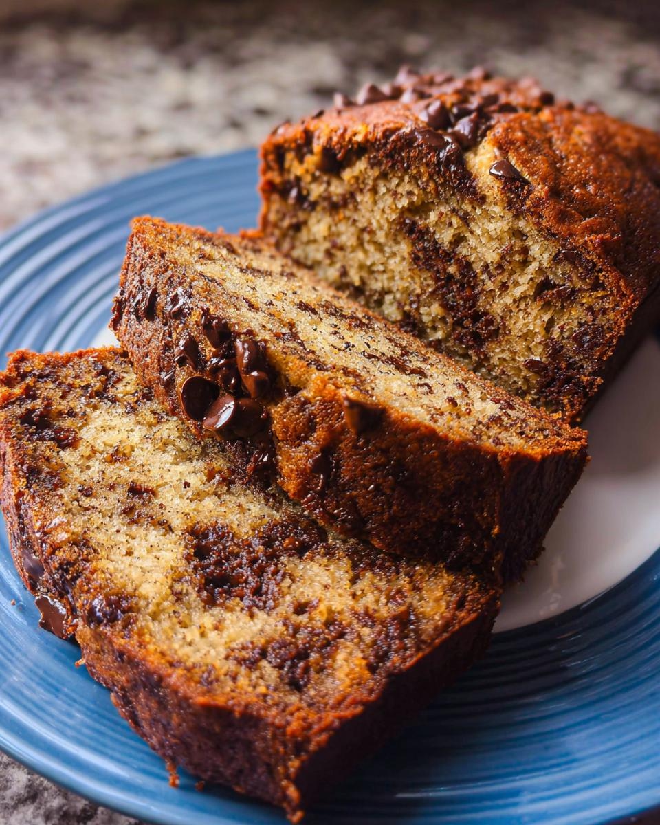 Two thick slices of moist Chocolate Chip Banana Bread Loaf served on a blue plate.