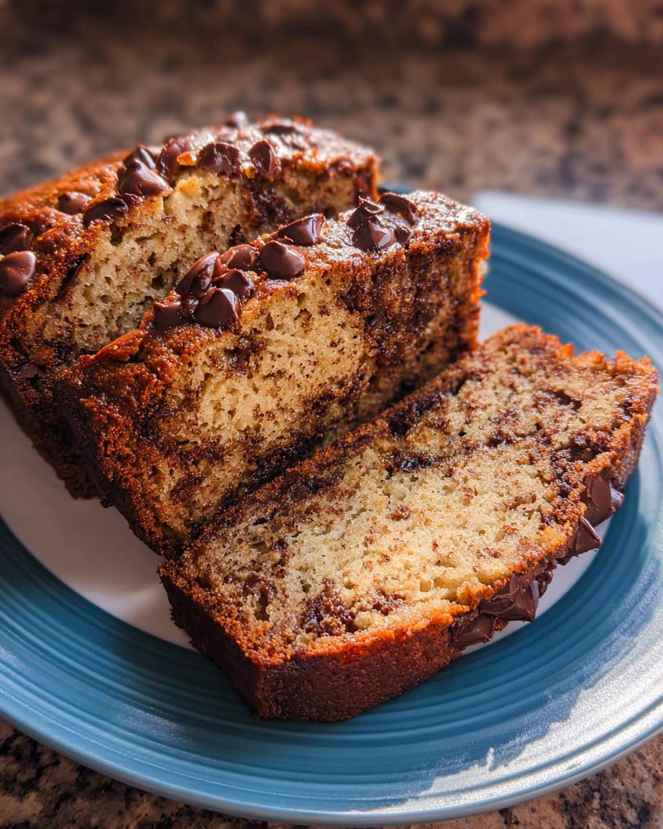 Close-up of sliced Chocolate Chip Banana Bread Loaf topped with melted chocolate chips on a blue plate.