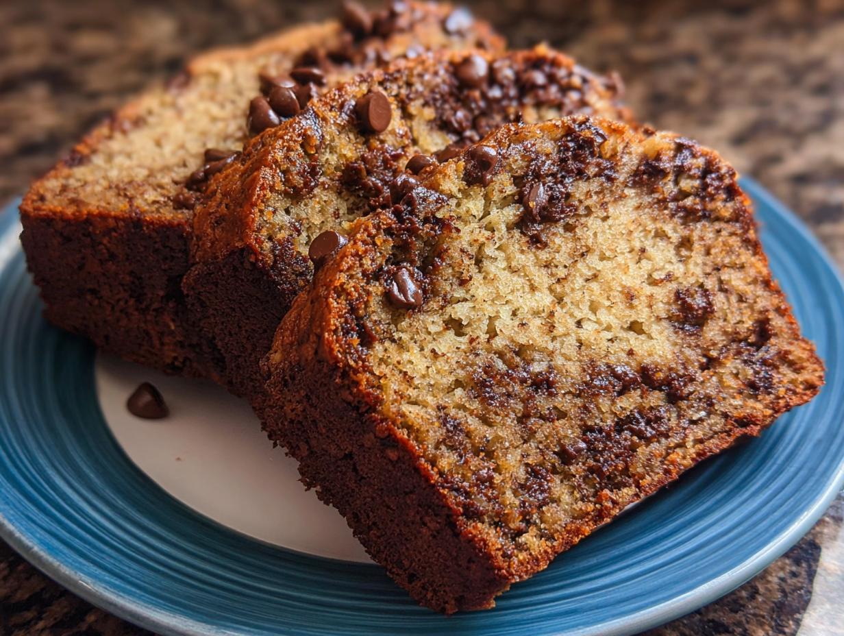 Three thick slices of moist Chocolate Chip Banana Bread Loaf stacked on a blue and white plate.