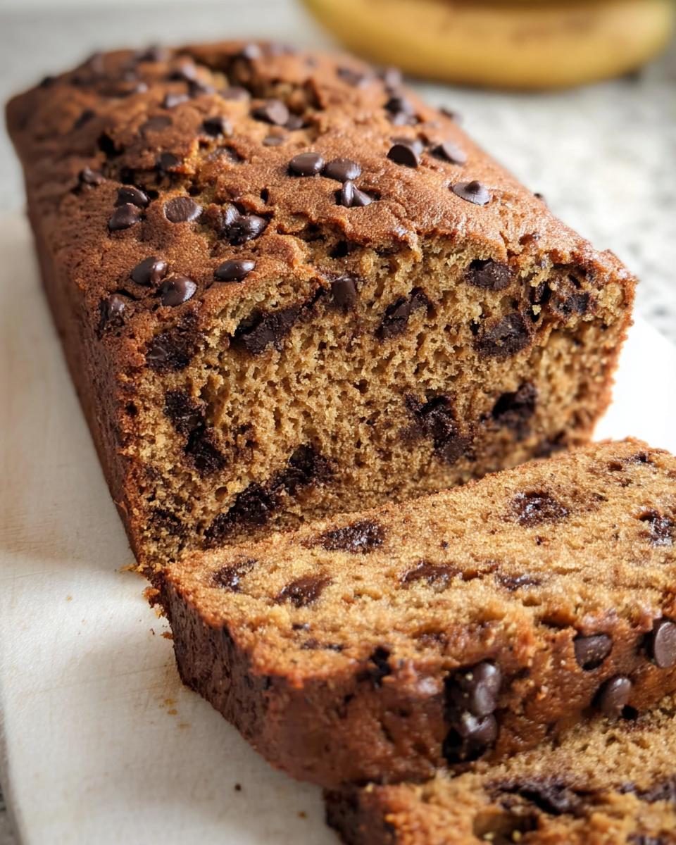 Close-up of a moist Peanut Butter Banana Bread loaf studded with chocolate chips, with two slices cut.
