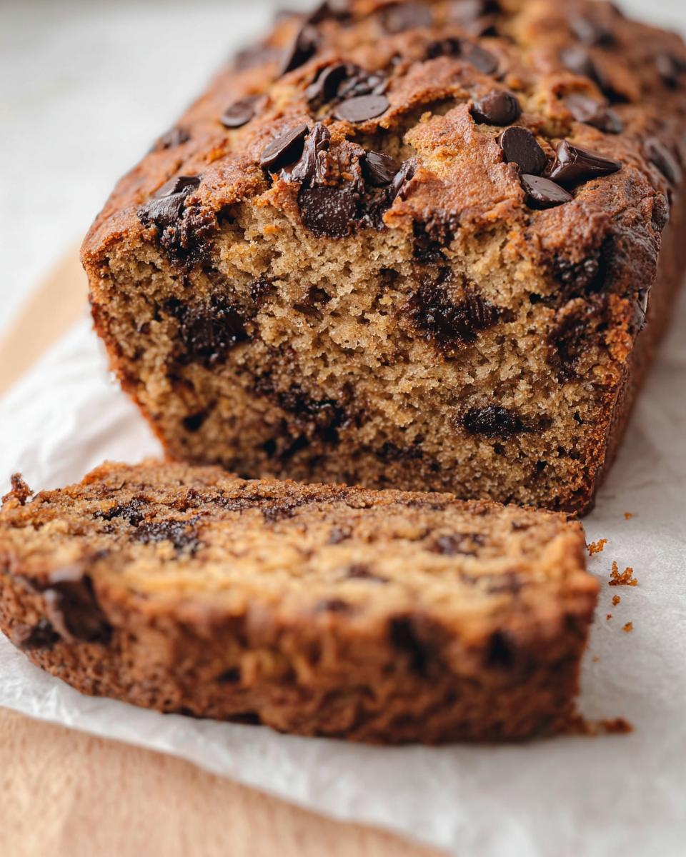 Close-up of a moist Peanut Butter Banana Bread loaf with a slice cut, topped with melted chocolate chips.