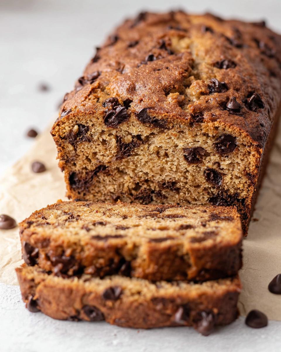 A loaf of moist Peanut Butter Banana Bread studded with chocolate chips, with two slices cut and stacked in front.