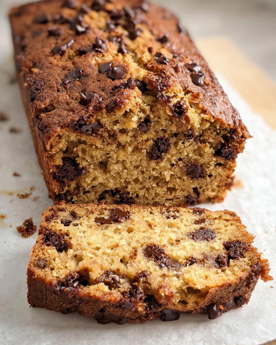 Close-up of a chocolate chip Peanut Butter Banana Bread loaf with one slice cut and resting in front.