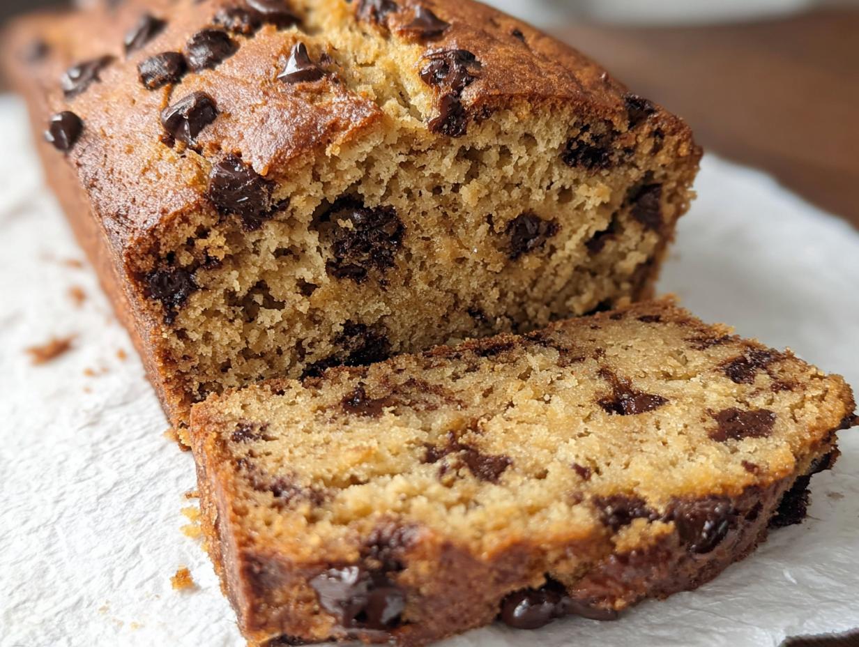 Close-up of a moist Peanut Butter Banana Bread loaf with chocolate chips, one slice cut and resting beside it.