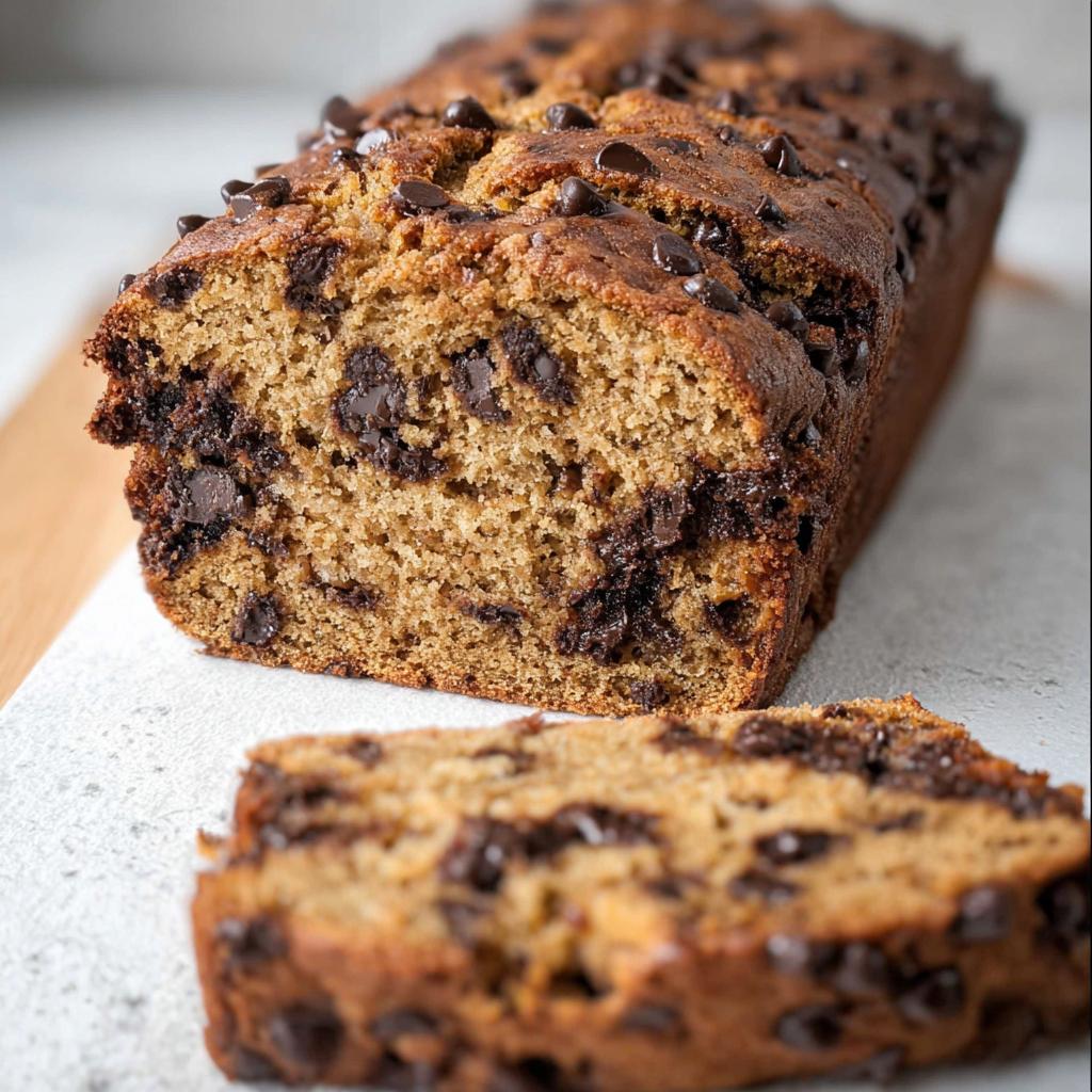 A close-up of a moist Peanut Butter Banana Bread loaf loaded with chocolate chips, with one slice cut and resting in front.