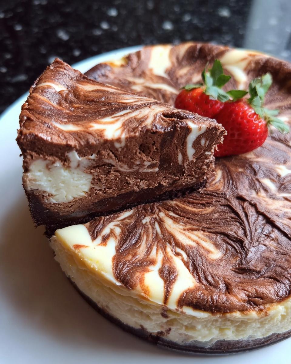 A rich slice cut from a Chocolate Marble Cheesecake, showing the creamy swirl pattern and topped with fresh strawberries.
