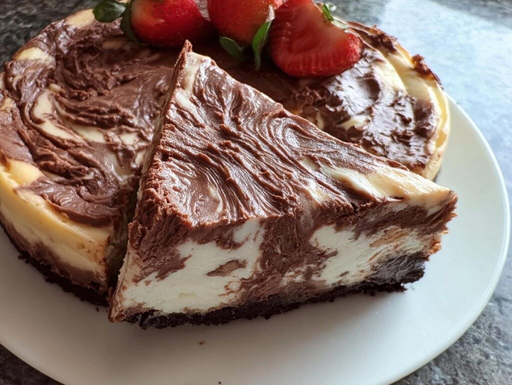 A slice of rich Chocolate Marble Cheesecake with a swirled chocolate topping, garnished with fresh strawberries.