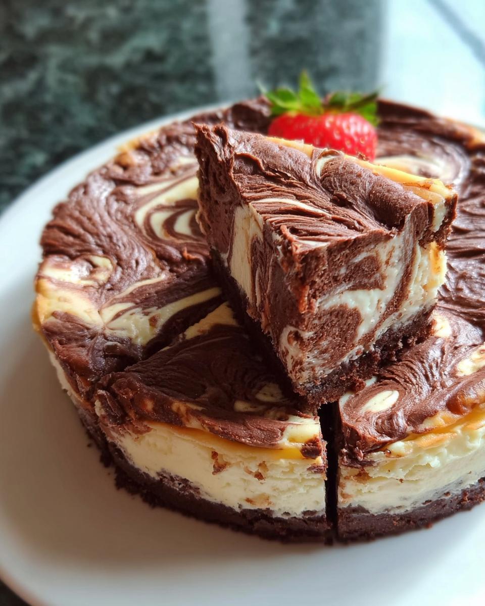 Close-up of a rich Chocolate Marble Cheesecake with a slice cut out, topped with a fresh strawberry.