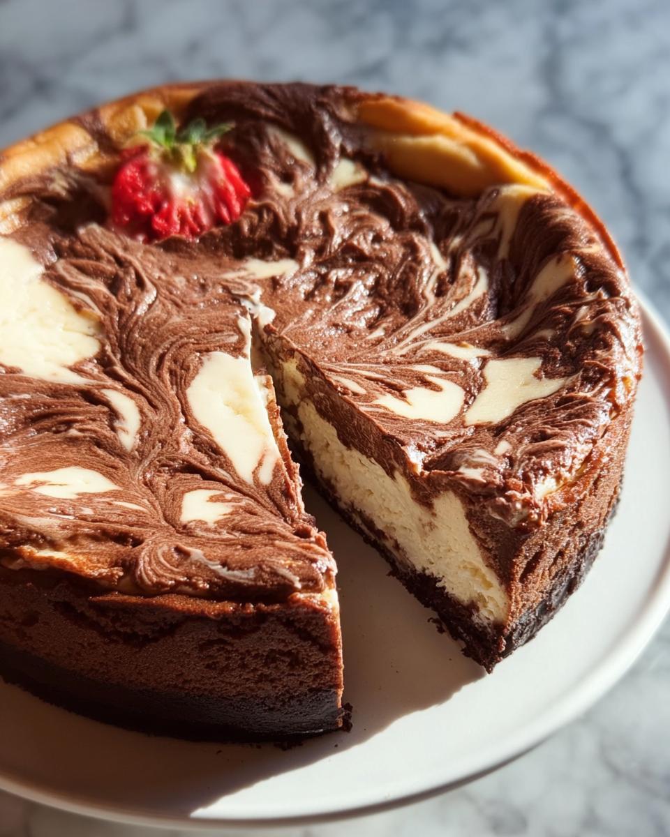 A whole Chocolate Marble Cheesecake with a slice cut out, showing the swirled chocolate and cream cheese filling, topped with a strawberry.