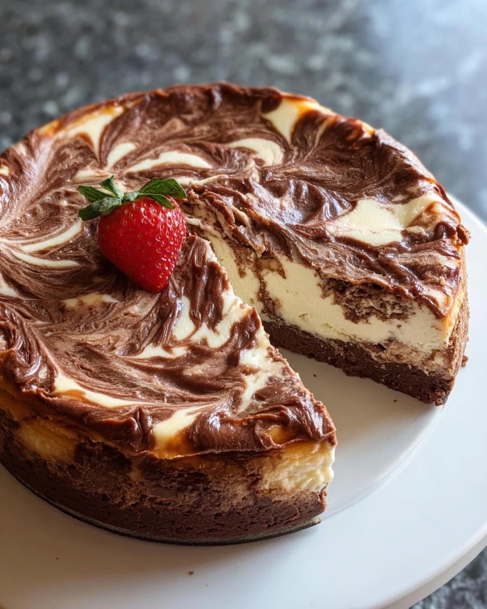 Close-up of a Chocolate Marble Cheesecake with a slice removed, topped with a single fresh strawberry.