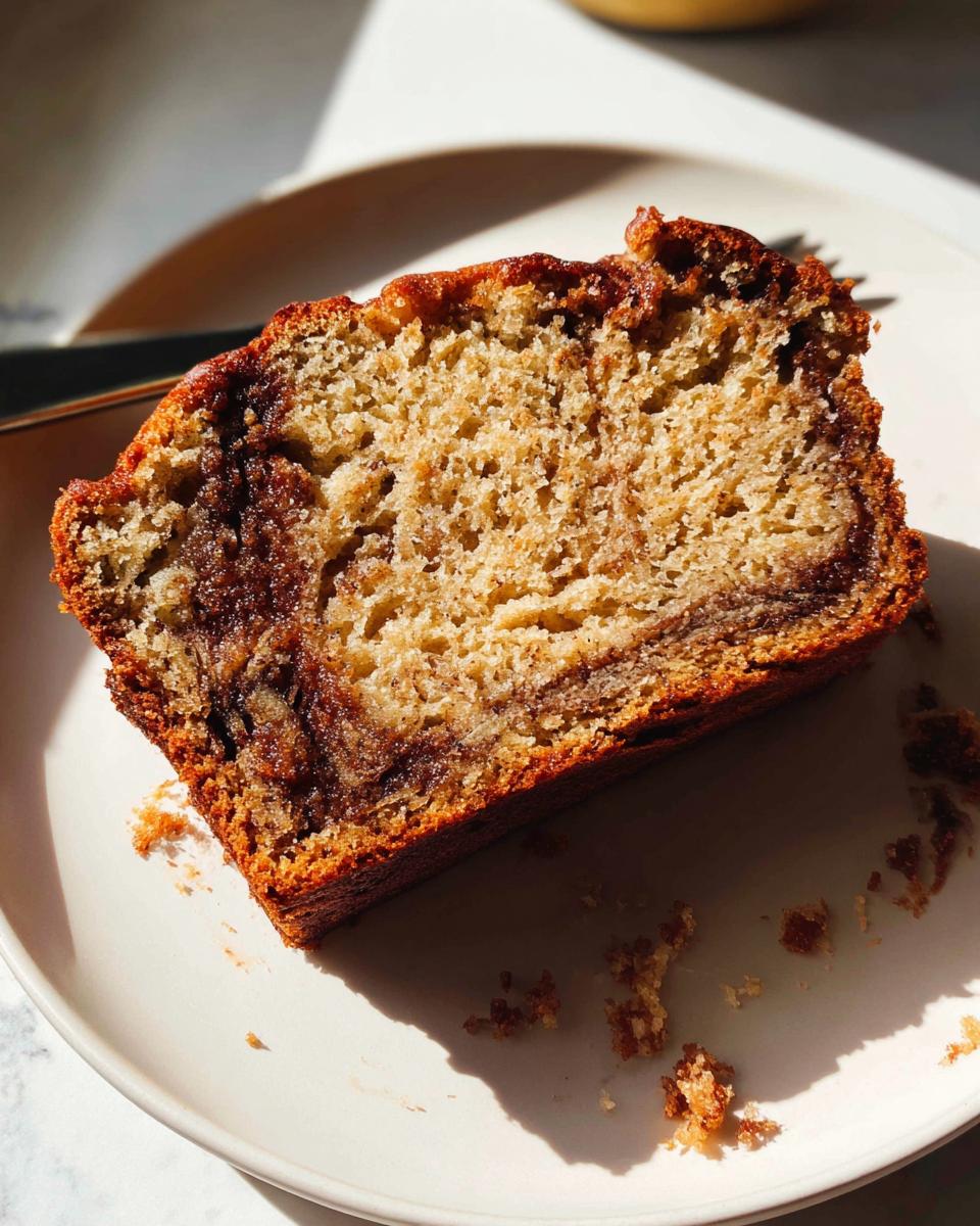 A moist slice of Cinnamon Swirl Banana Bread showing the rich brown cinnamon swirl texture.