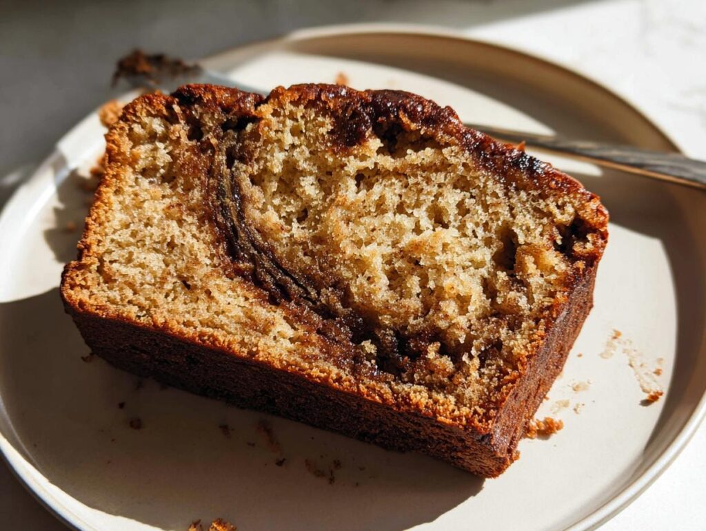 Close-up of a moist slice of Cinnamon Swirl Banana Bread showing the rich dark cinnamon swirl pattern.