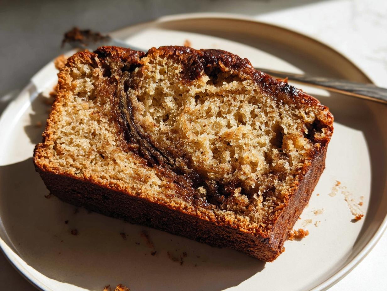 Close-up of a moist slice of Cinnamon Swirl Banana Bread showing the rich dark cinnamon swirl pattern.