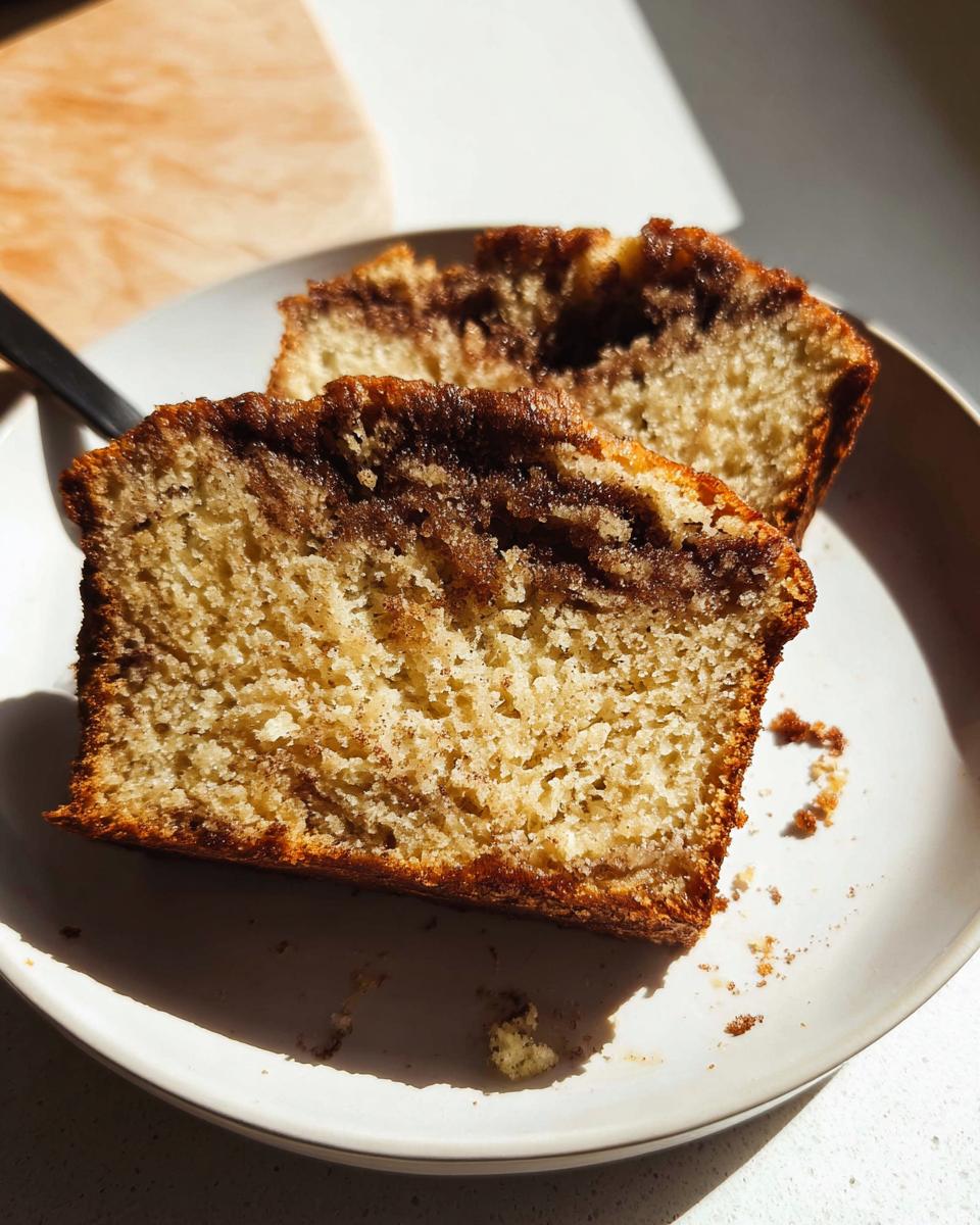 Two moist slices of Cinnamon Swirl Banana Bread showing a rich brown cinnamon swirl inside, served on a white plate.