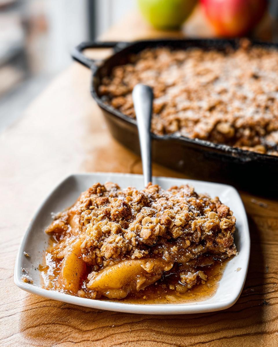 A square white plate holds a generous serving of Classic Apple Crisp with Oat Crumble, showing gooey apples and topping.
