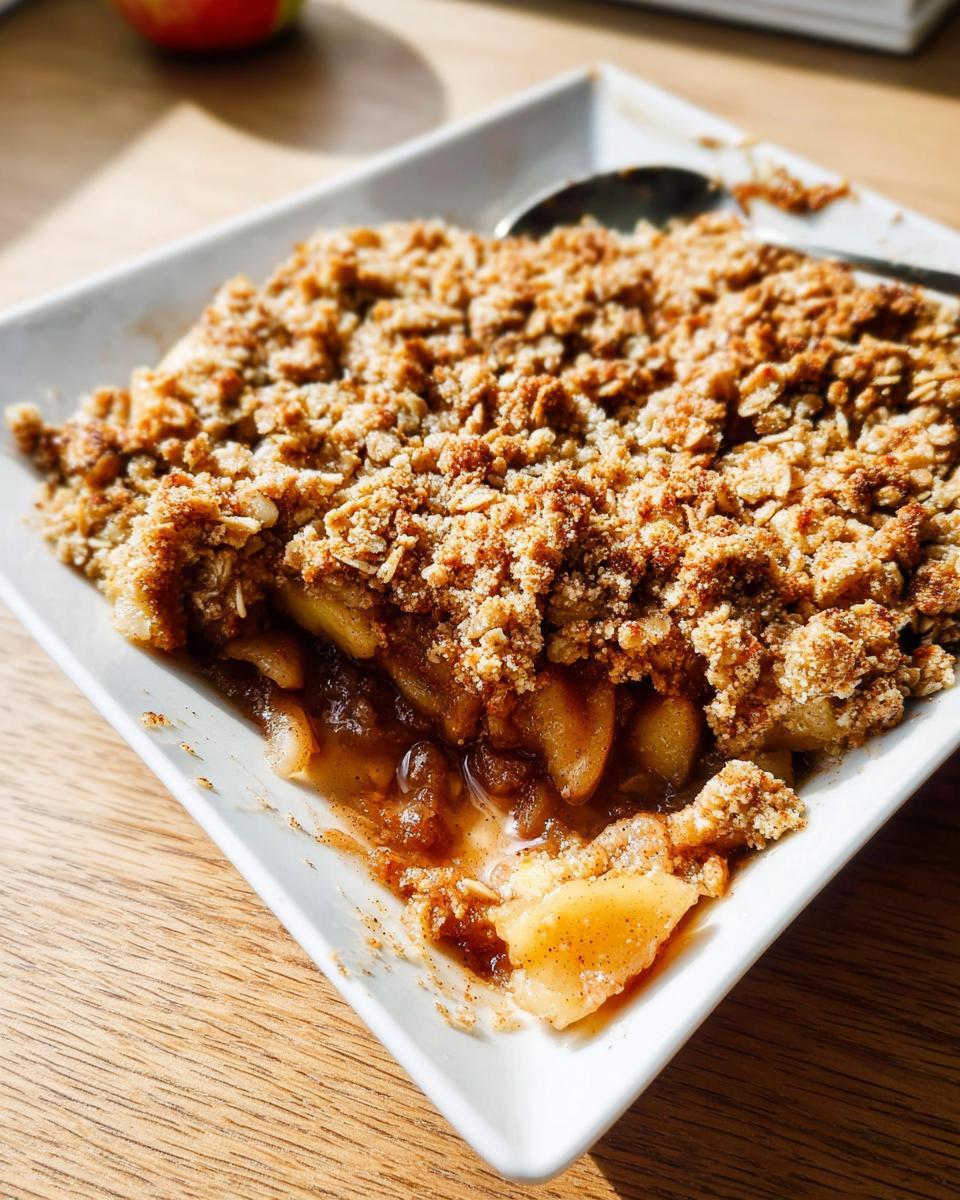 A close-up of a serving of Classic Apple Crisp with Oat Crumble in a white dish, showing gooey apples underneath the crunchy topping.