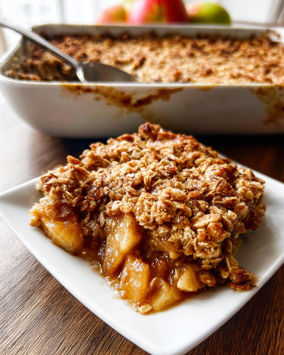 A square serving of warm Classic Apple Crisp with Oat Crumble on a white plate, showing gooey apples underneath the topping.