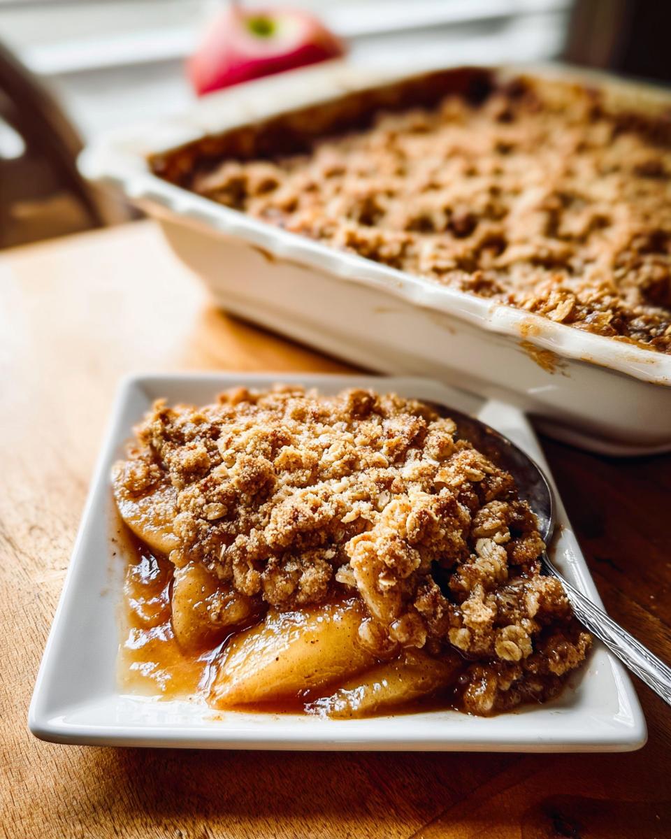 A serving of Classic Apple Crisp with Oat Crumble featuring warm, saucy apples and a thick, golden oat topping on a white plate.