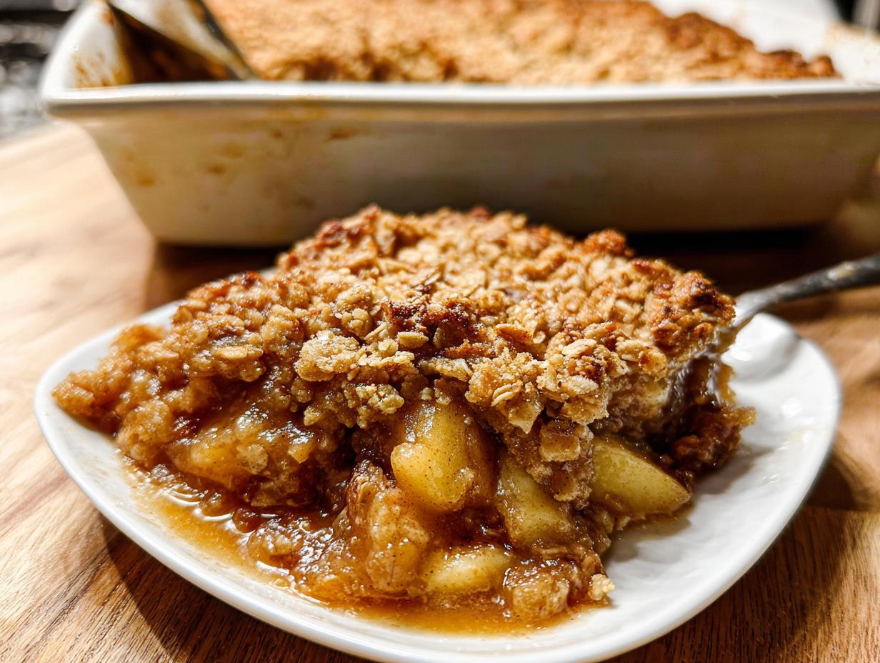 A close-up of a serving of Classic Apple Crisp with Oat Crumble, featuring warm, saucy apples and a crunchy topping.