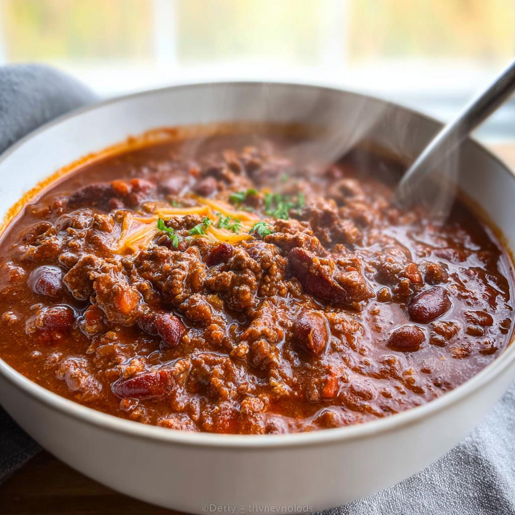 A close-up of a steaming white bowl filled with rich Classic Beef and Bean Chili, topped with shredded cheese and parsley.