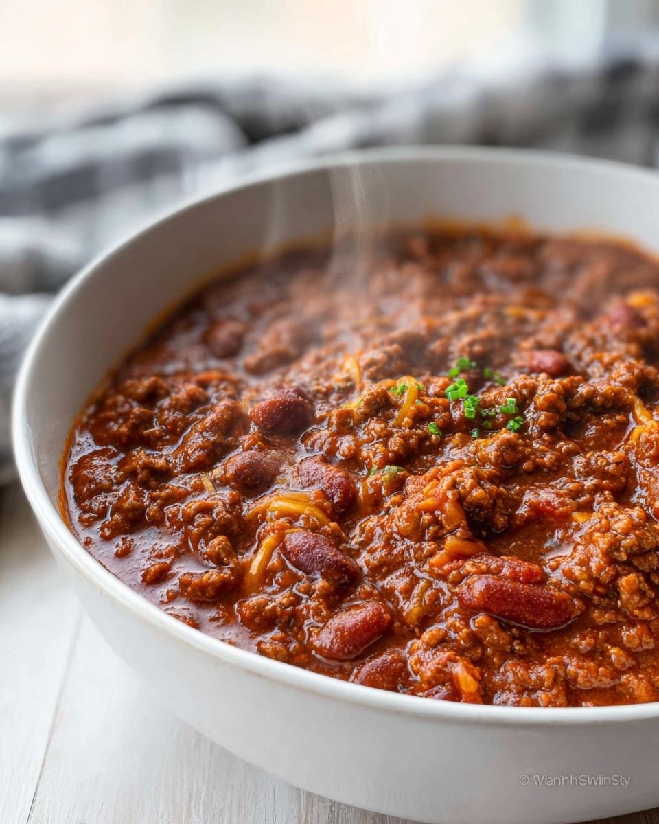Close-up of a steaming white bowl filled with rich Classic Beef and Bean Chili, garnished with parsley.