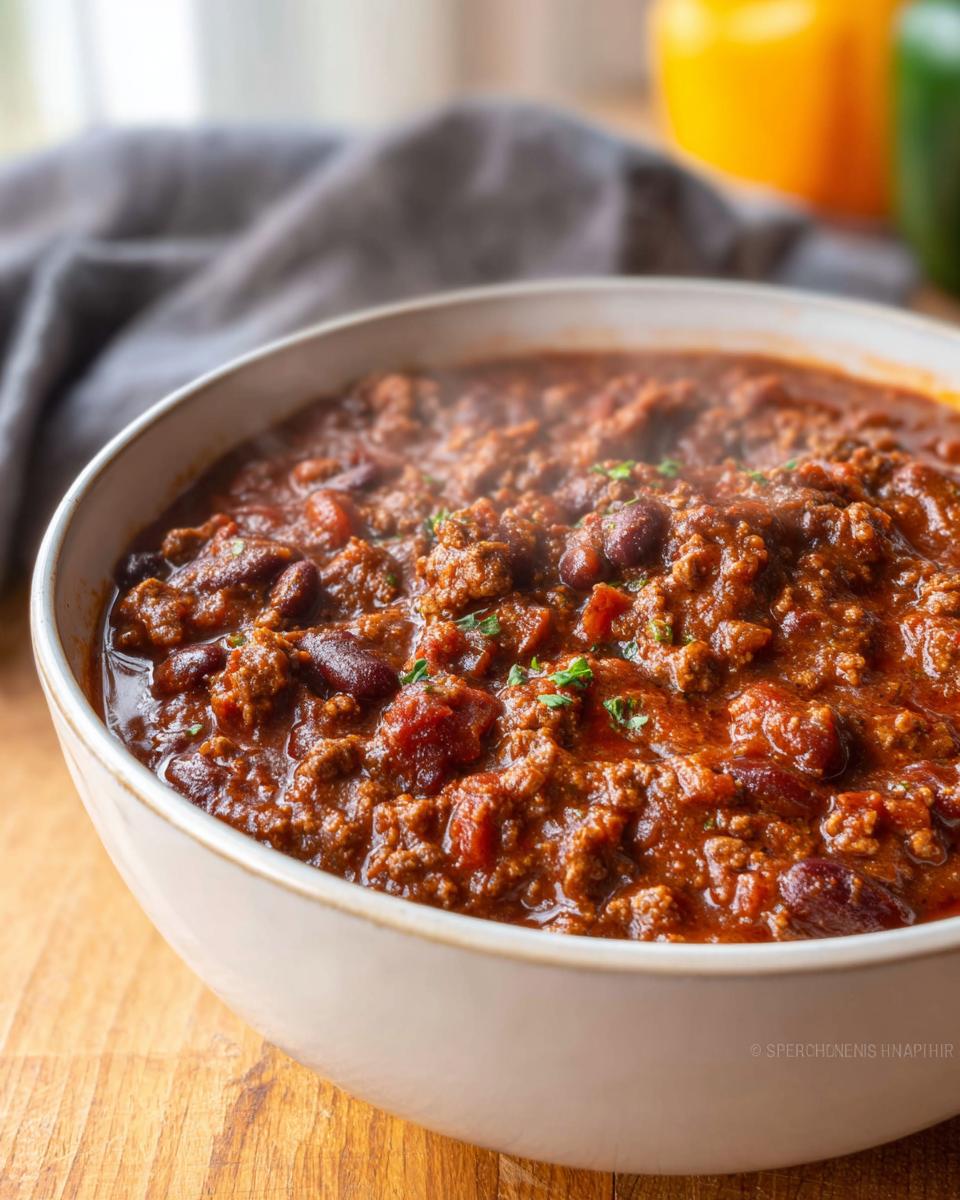 Close-up of a steaming white bowl filled with rich Classic Beef and Bean Chili, garnished with herbs.