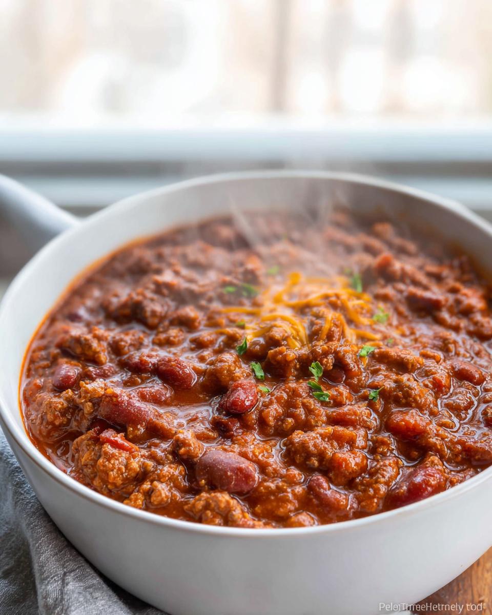 Close-up of a white bowl filled with steaming Classic Beef and Bean Chili, topped with shredded cheese and parsley.