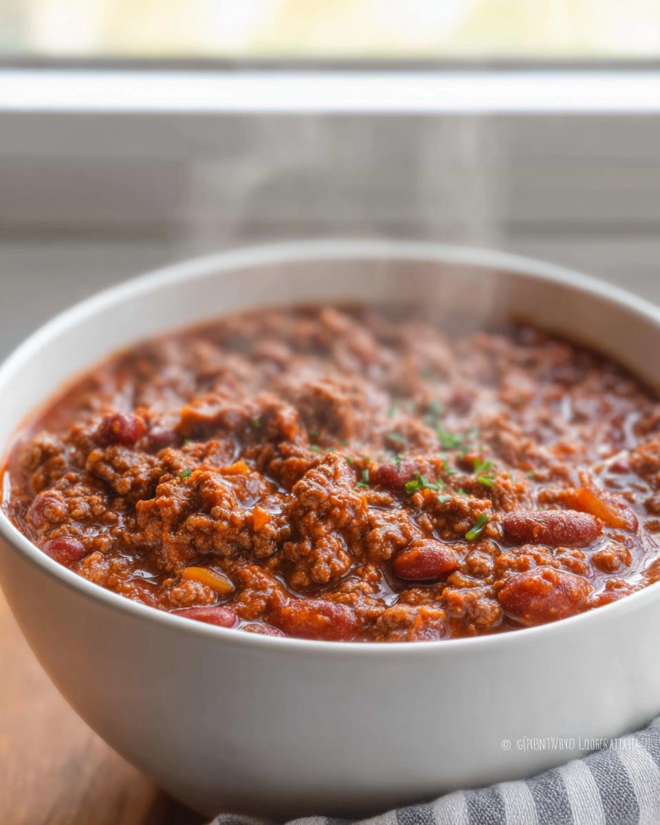 Close-up of a steaming white bowl filled with rich Classic Beef and Bean Chili, showing ground beef and kidney beans.