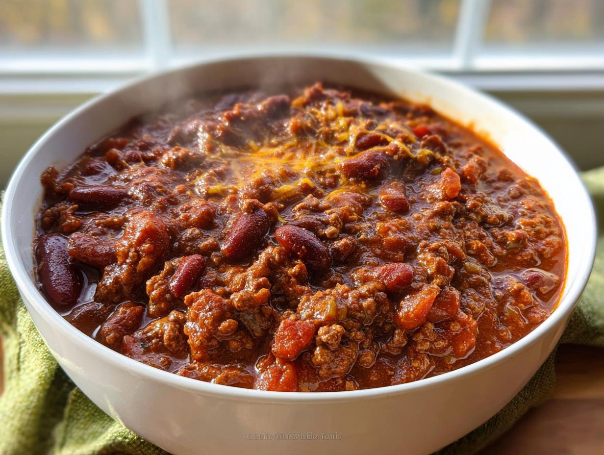 A close-up of a steaming white bowl filled with rich Classic Beef and Bean Chili, topped with melted cheese.
