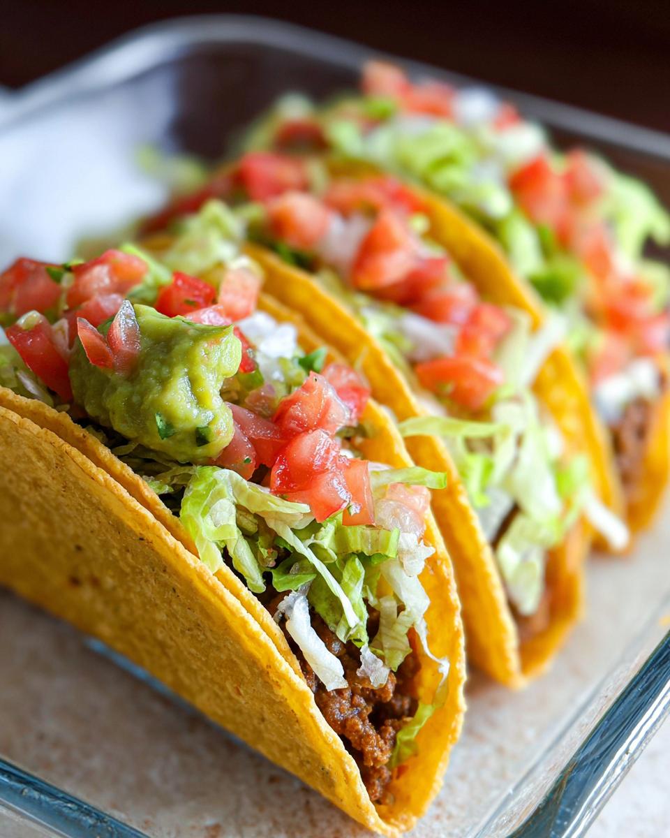 A row of classic hard-shell tacos filled with ground meat, lettuce, tomatoes, and guacamole, ready for Unique Easy Taco Recipes.