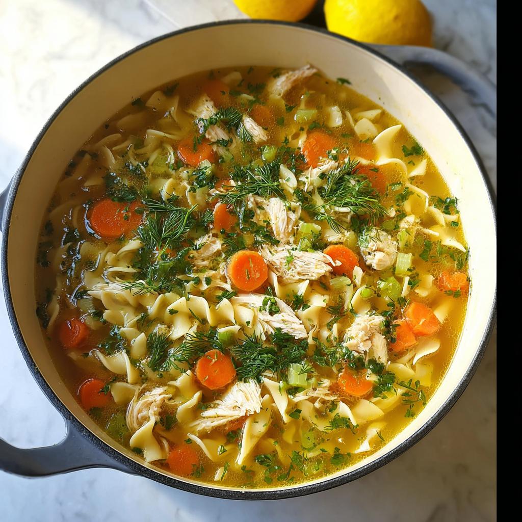 A close-up view of Classic Homestyle Chicken Noodle Soup filled with egg noodles, carrots, chicken, and fresh herbs in a black pot.
