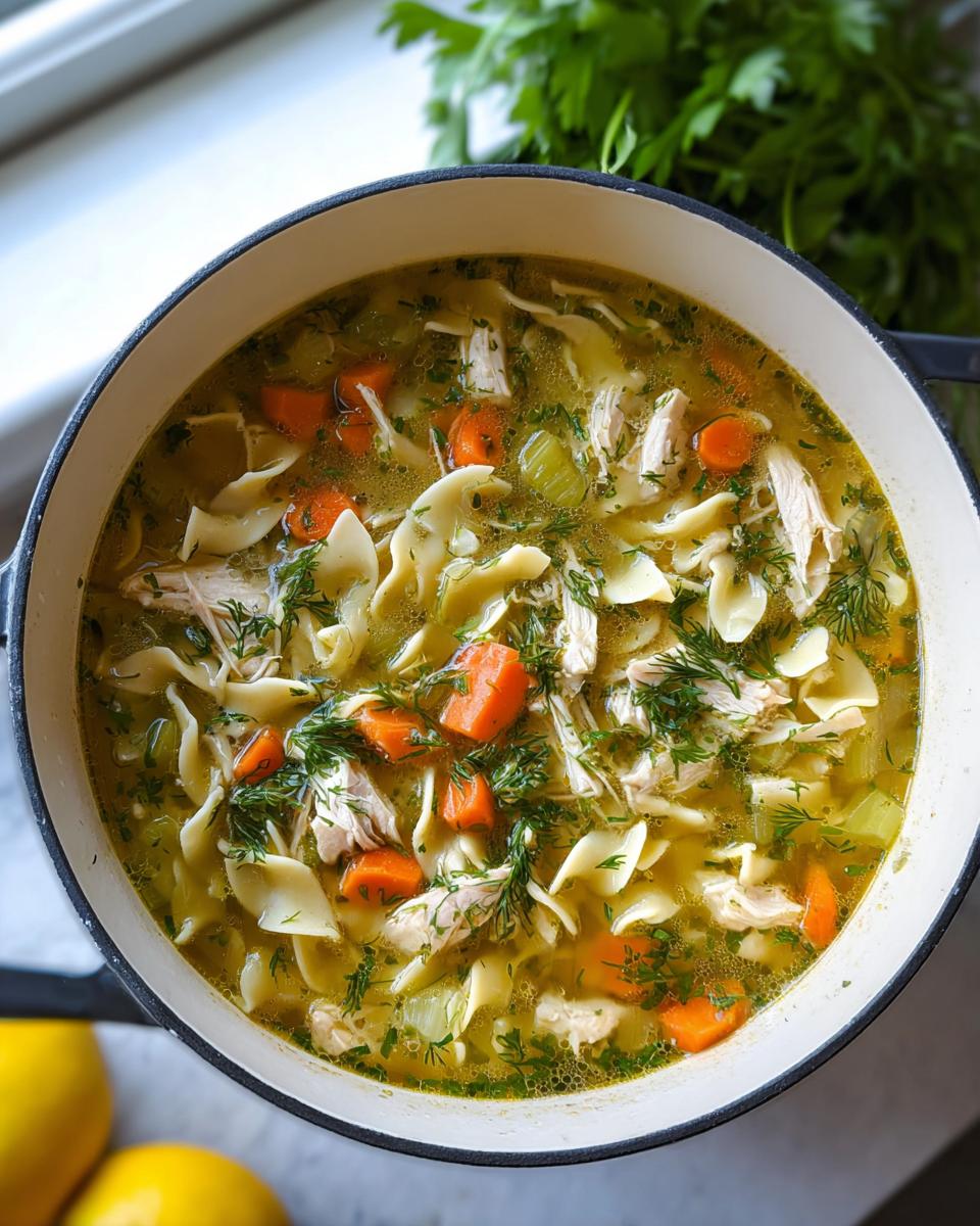 Overhead view of a white Dutch oven filled with Classic Homestyle Chicken Noodle Soup, featuring noodles, carrots, chicken, and herbs.