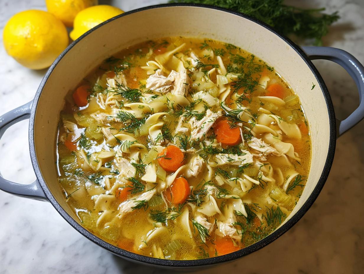 A close-up view of Classic Homestyle Chicken Noodle Soup filled with broth, egg noodles, shredded chicken, carrots, and fresh dill.