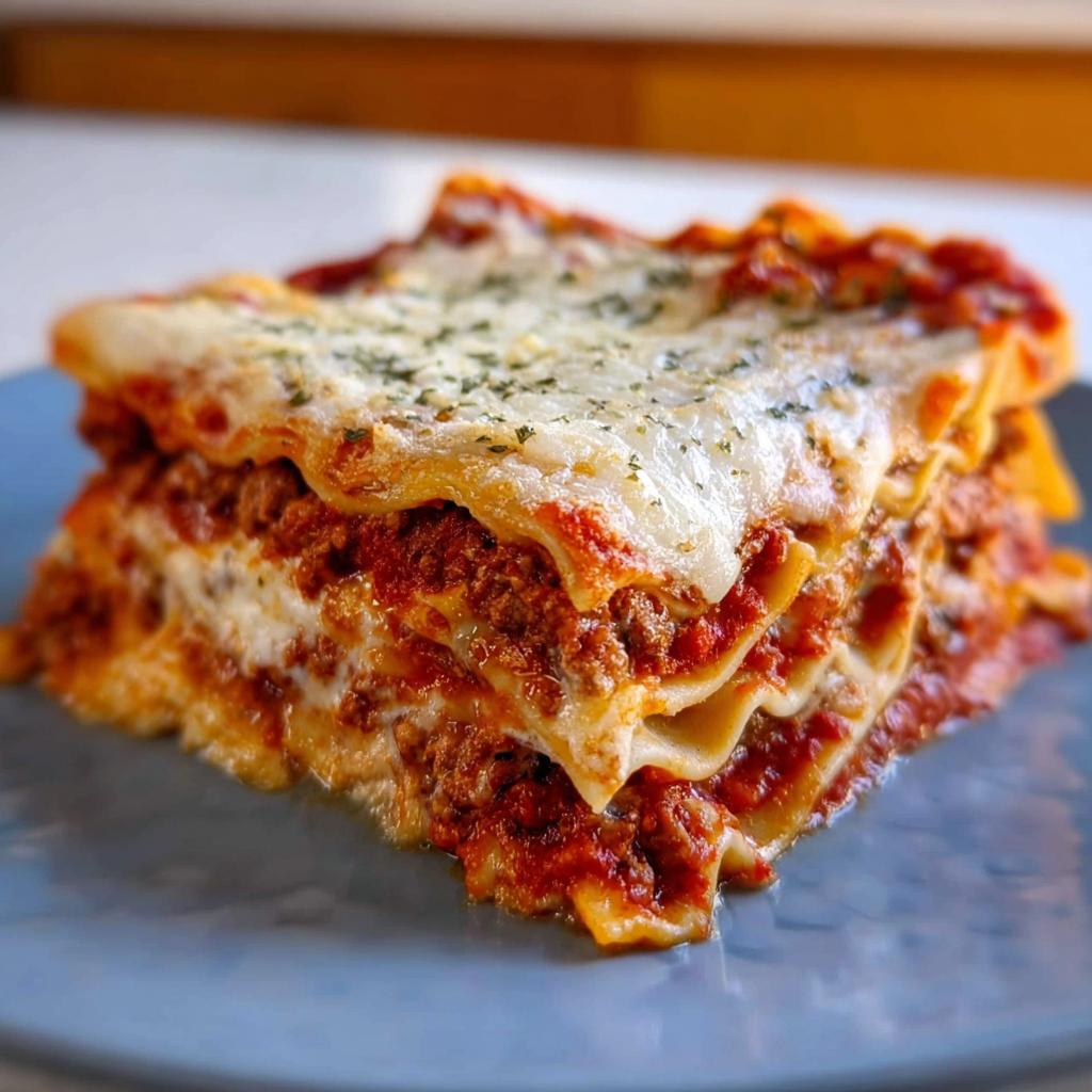 A perfect, cheesy slice of Classic Meat and Cheese Baked Lasagna layered with rich meat sauce and melted cheese.