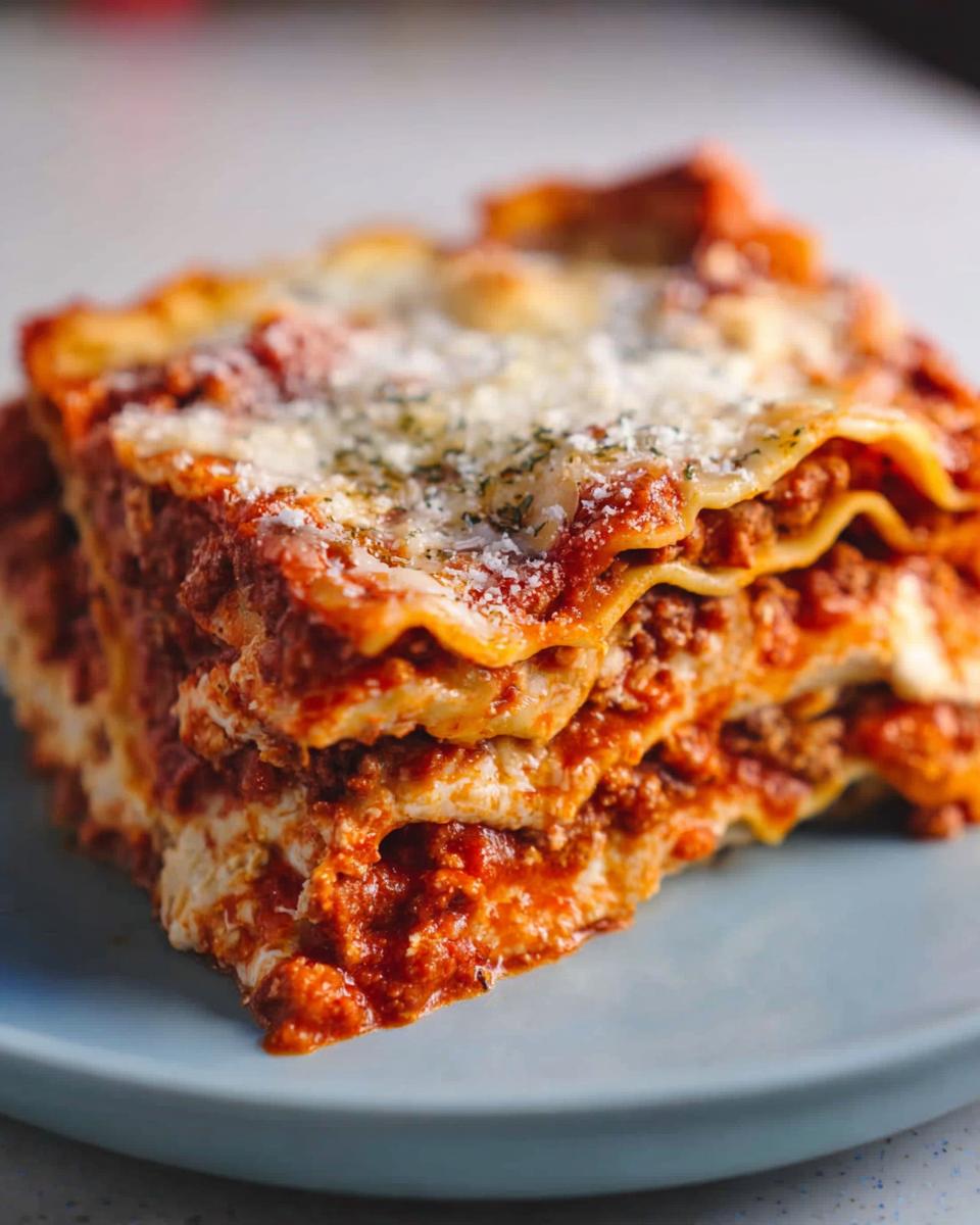 Close-up of a rich, layered slice of Classic Meat and Cheese Baked Lasagna topped with melted cheese and herbs.