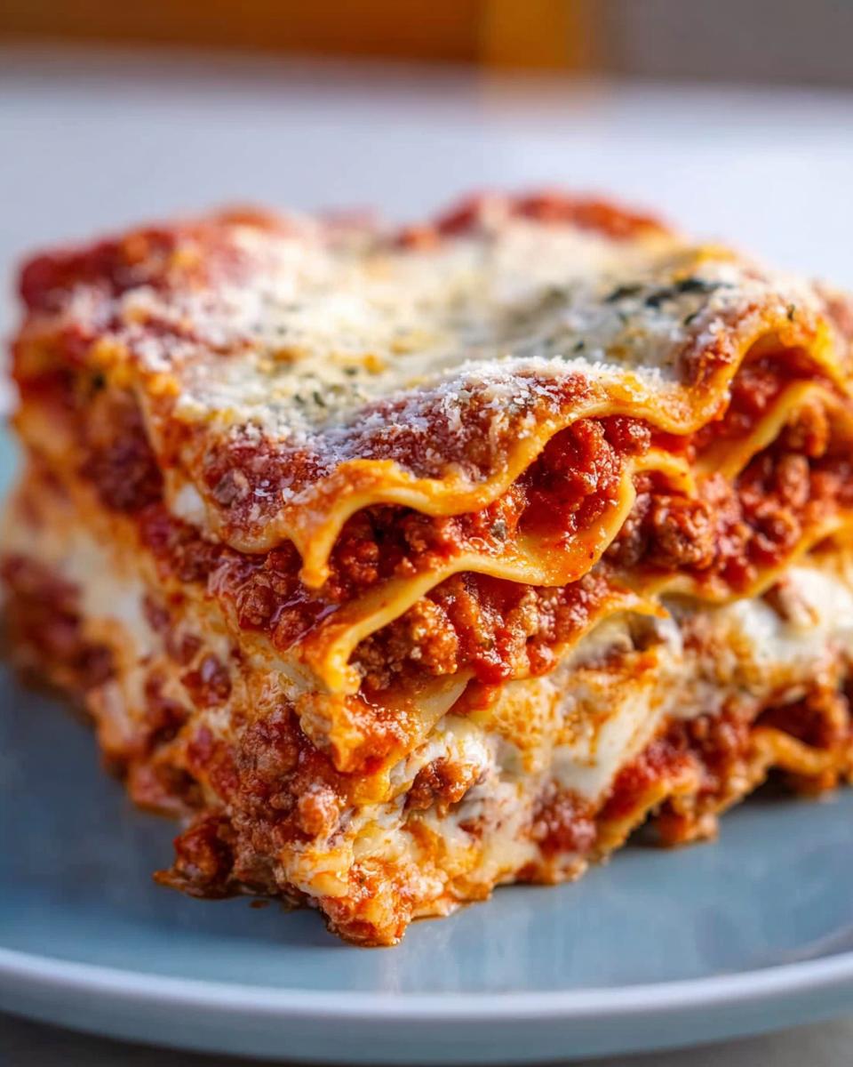 A thick, layered slice of Classic Meat and Cheese Baked Lasagna topped with melted cheese.