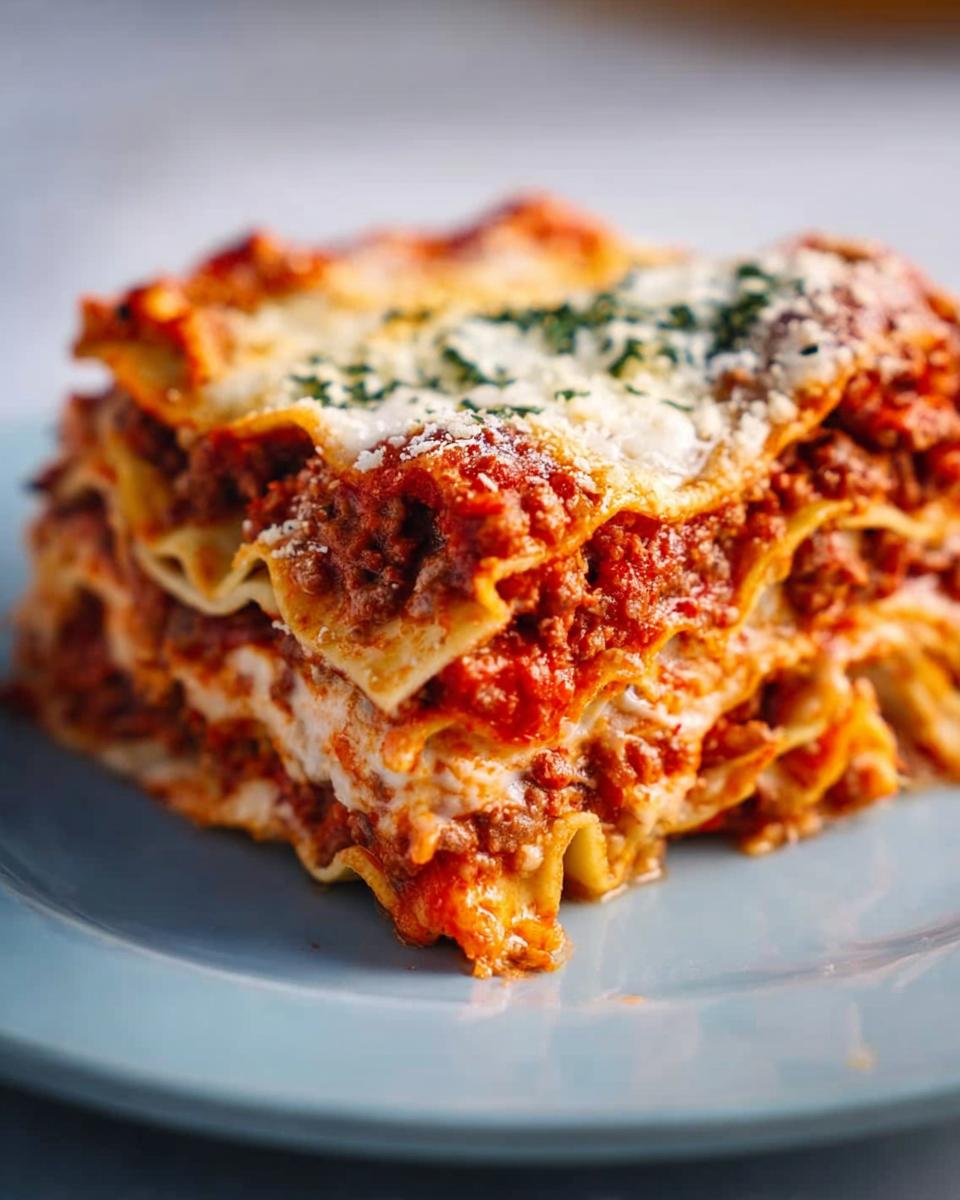 A generous, layered slice of Classic Meat and Cheese Baked Lasagna topped with melted cheese and parsley.
