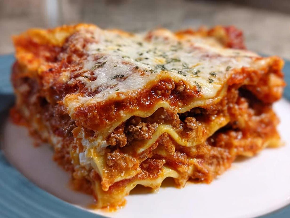 A thick, layered slice of Classic Meat and Cheese Baked Lasagna topped with melted cheese and herbs.