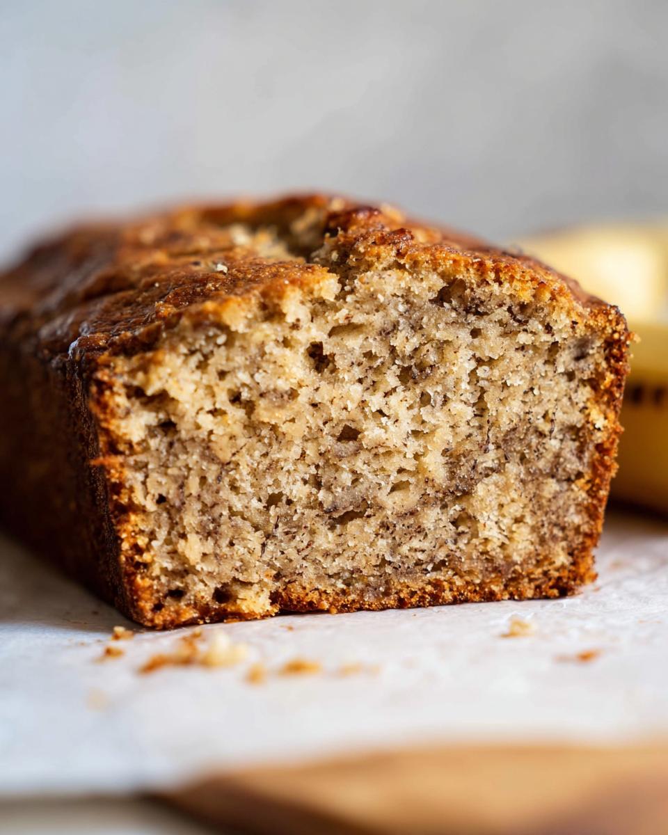 Close-up view showing the moist, speckled crumb texture of Classic Moist Banana Bread.