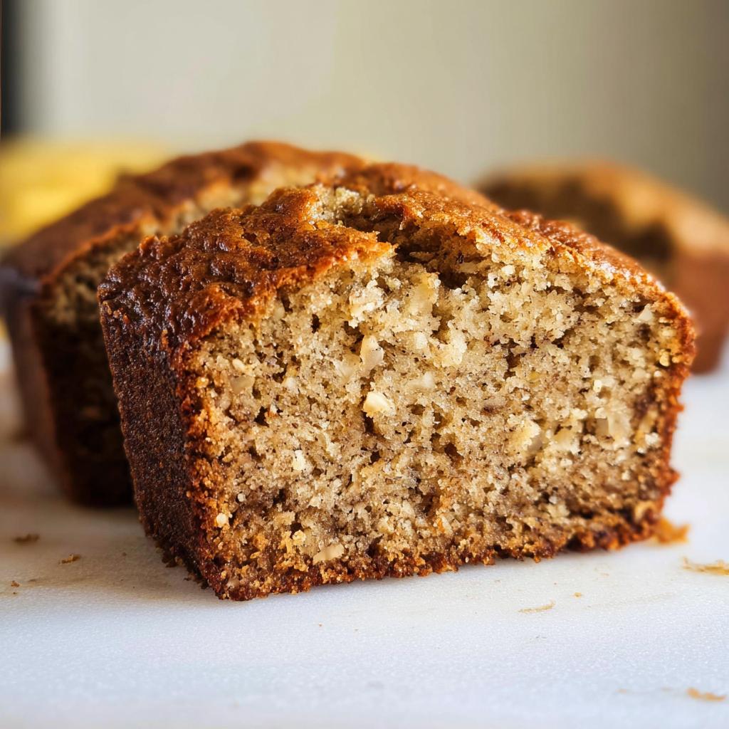 Close-up of a thick slice showing the moist crumb texture of Classic Moist Banana Bread.