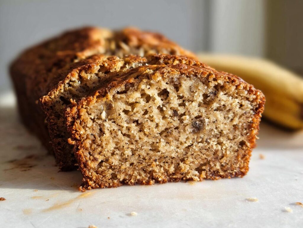 Close-up of thick slices cut from a loaf of Classic Moist Banana Bread, showing the tender crumb.