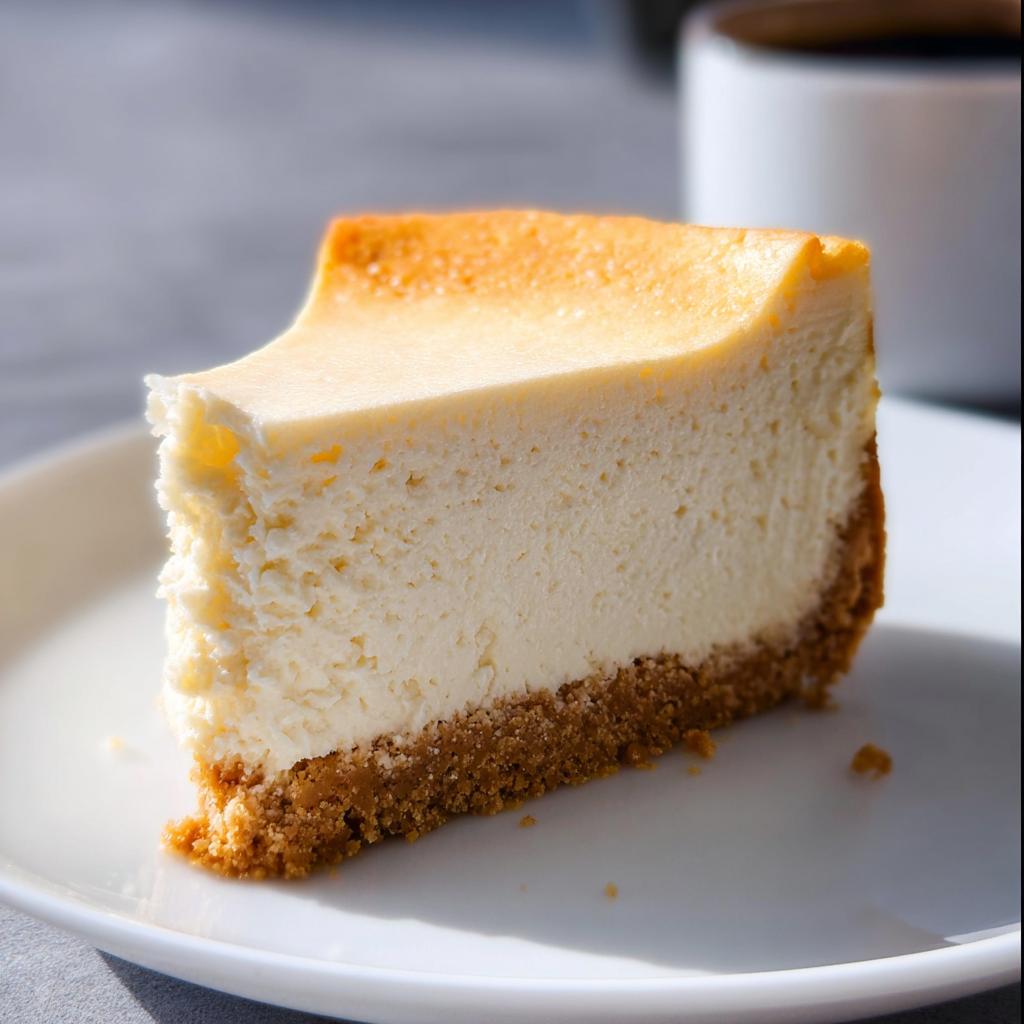 A perfect slice of Classic New York Baked Cheesecake with a thick graham cracker crust on a white plate.