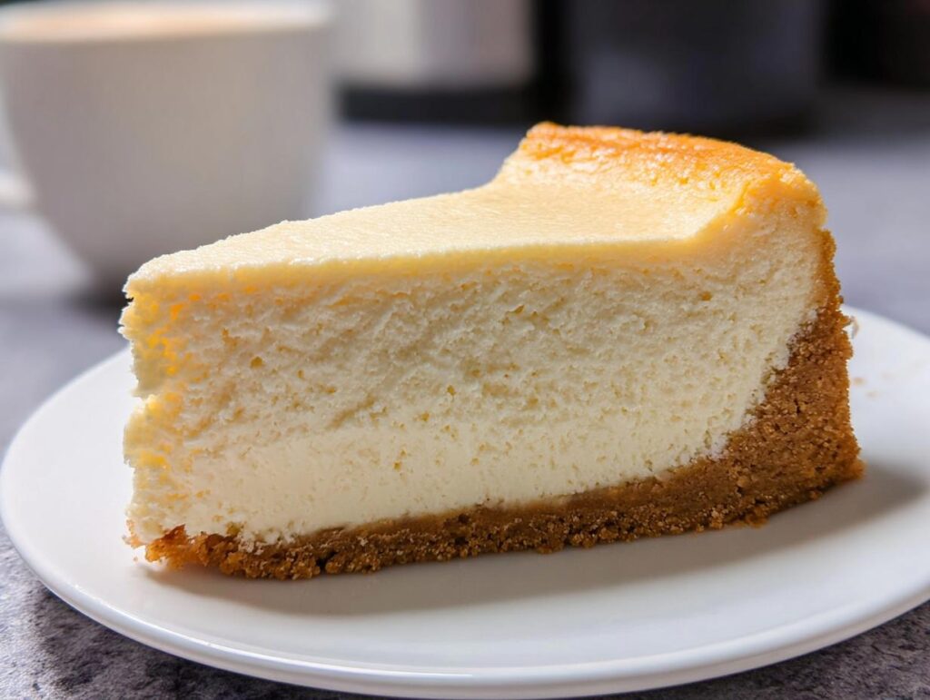 A perfect slice of Classic New York Baked Cheesecake showing a creamy interior and thick graham cracker crust on a white plate.