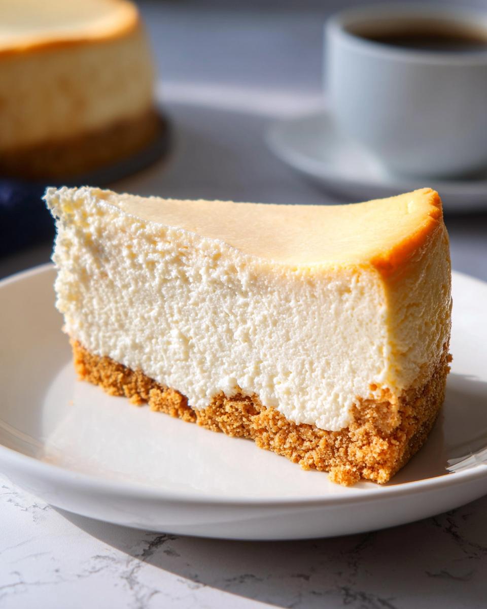 A perfect slice of Classic New York Baked Cheesecake with a thick graham cracker crust on a white plate.