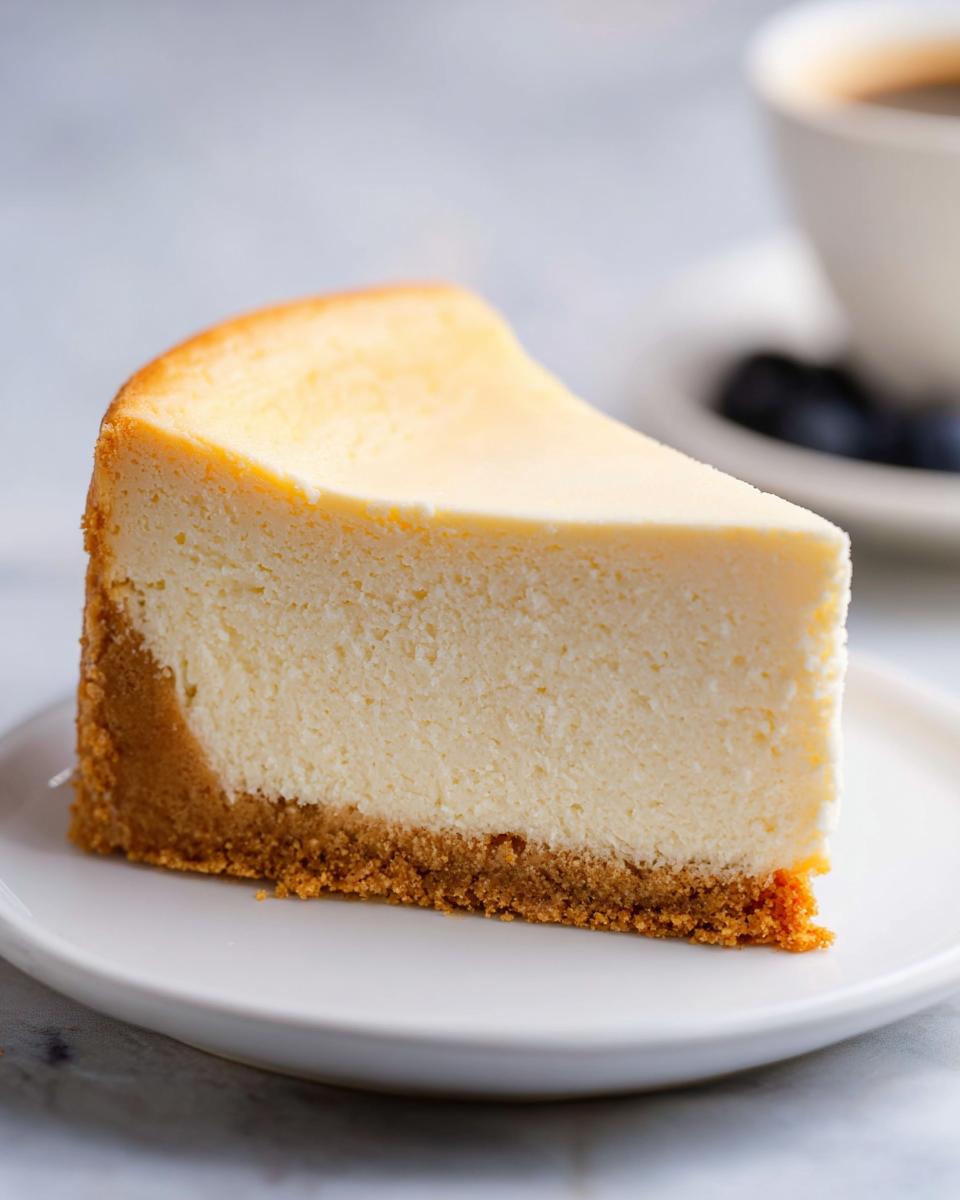 A perfect slice of Classic New York Baked Cheesecake with a thick graham cracker crust on a white plate.