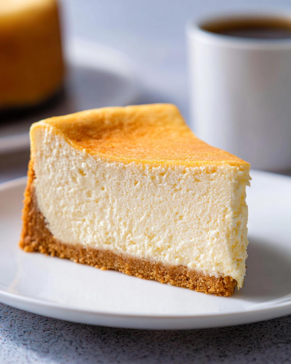 A perfect slice of Classic New York Baked Cheesecake with a thick graham cracker crust, served on a white plate.