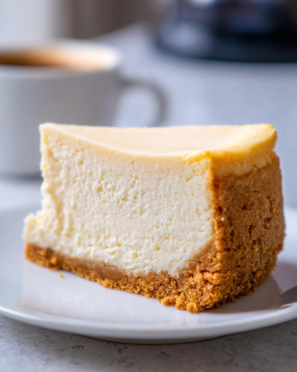 A perfect slice of Classic New York Baked Cheesecake with a thick graham cracker crust on a white plate.