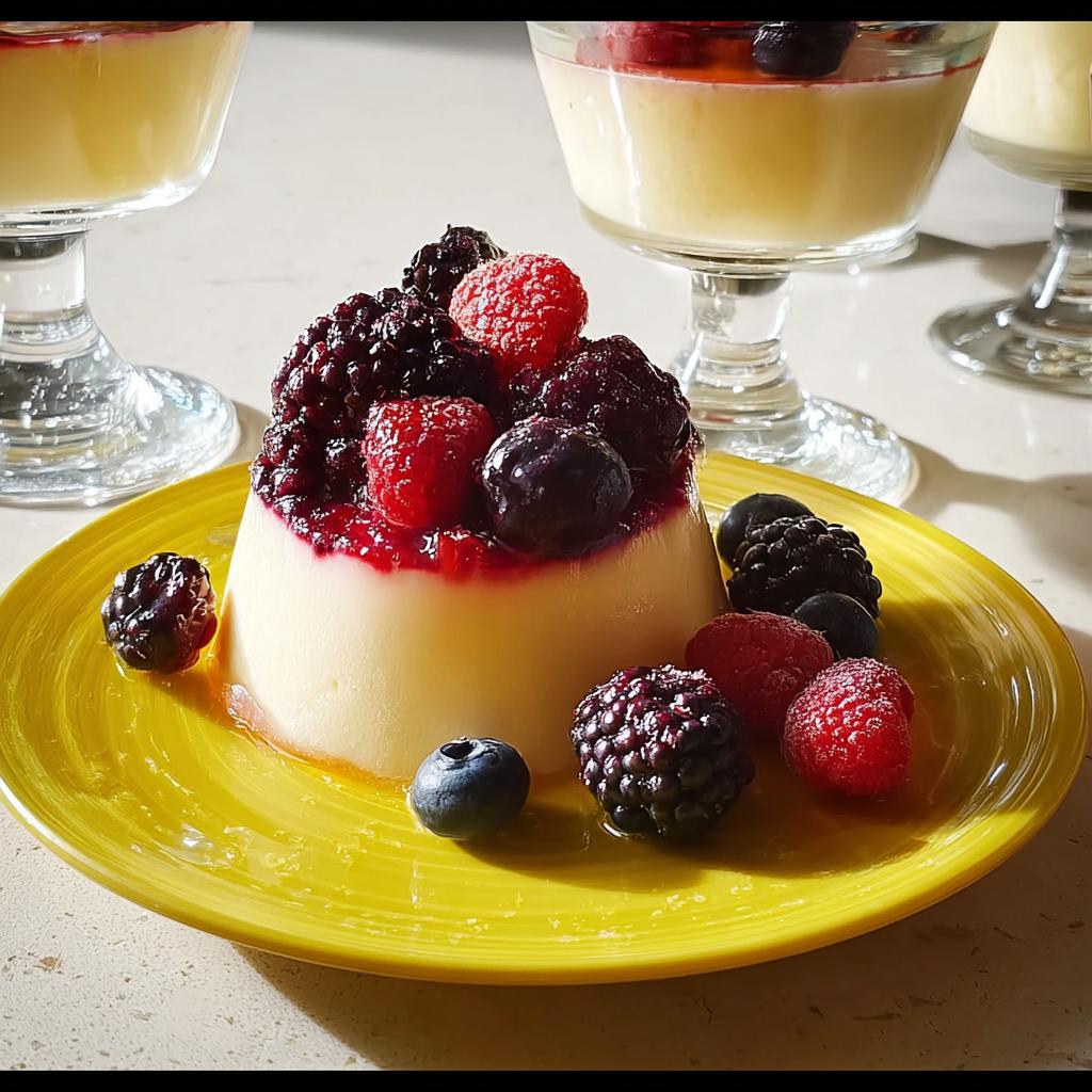 A molded serving of Classic Vanilla Bean Panna Cotta topped with mixed berries and sauce on a bright yellow plate.